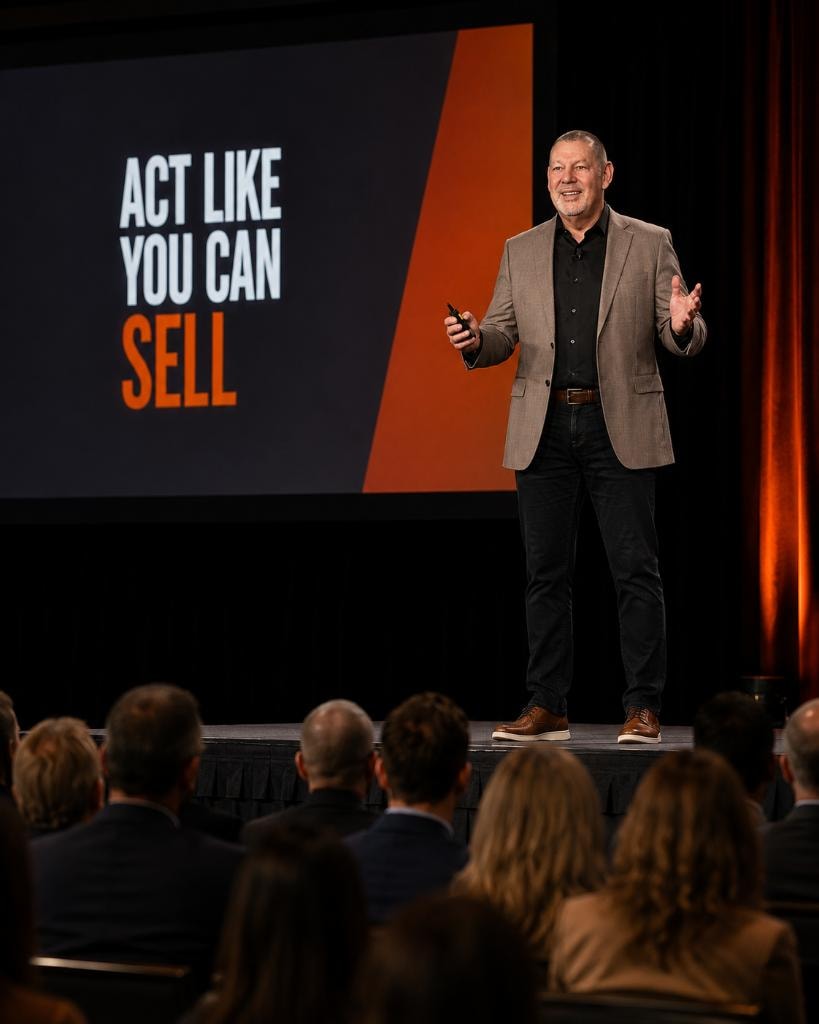 Bryan Christie presenting Act Like You Can Sell on stage to a live audience